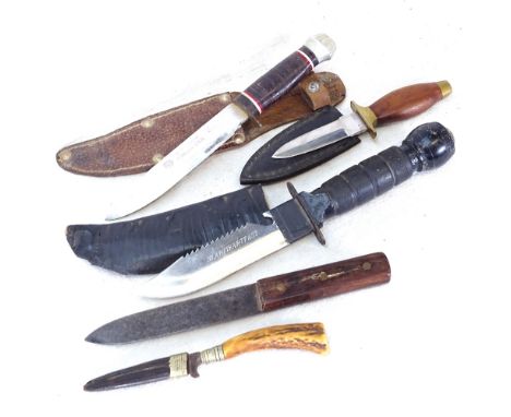 Various hunting knives, including serrated survival knife with butt compass (5) 