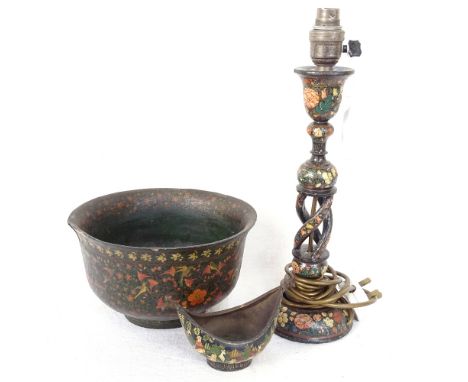 A Kashmiri ware table lamp, 39cm overall, a similar bowl, and pot with painted design of animals 