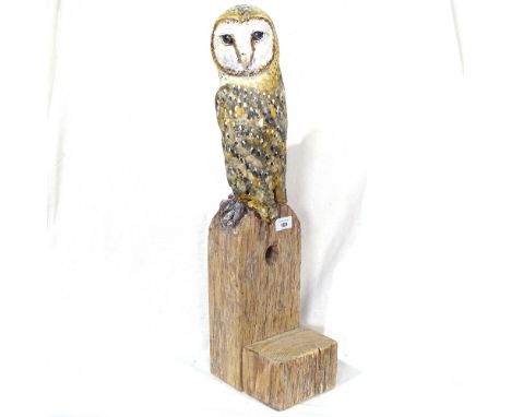 Clive Fredriksson, painted and carved wood sculpture, owl on pillar, height 64cm 