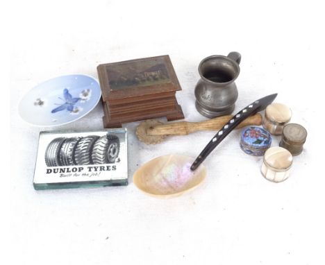 A coin-set pillbox, 2 mother-of-pearl pillboxes, a spoon, and a Dunlop Tyres desk weight etc 