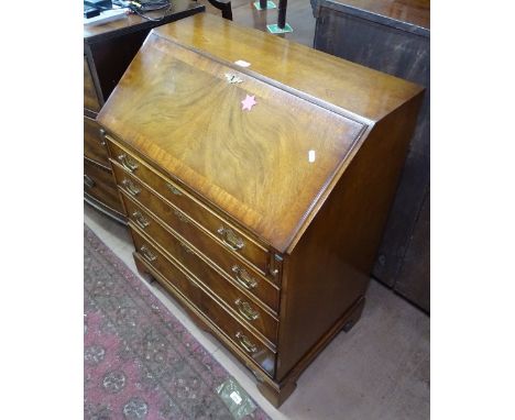 A reproduction crossbanded mahogany 4-drawer bureau on bracket feet, W76cm, H94cm 