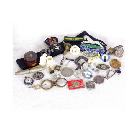 A cylindrical blonde tortoiseshell box, watchmaker tools, military medals etc 