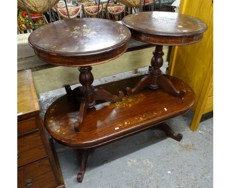A pair of reproduction hardwood and brass inlaid lamp tables, W55cm, and a matching oval coffee table, L120cm 
