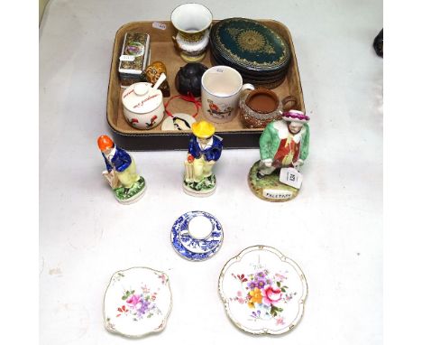 A Victorian Staffordshire Falstaff, a trinket box, a Carlton Ware mustard pot, a miniature Coalport trio etc 