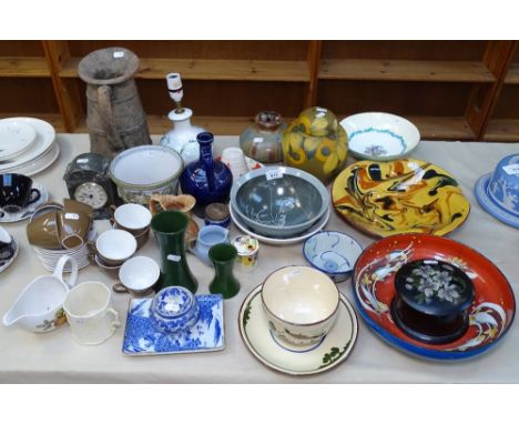 Art pottery dishes, a jar, a table lamp, a terracotta jug, 30cm etc 