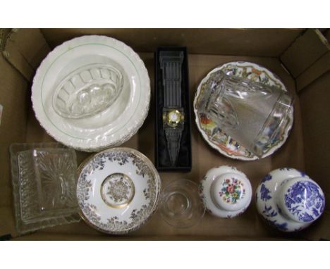 A mixed collection of ceramic items to include; Grindley rimmed soup bowls, crystal model of Big Ben, Coalport ginger jars et