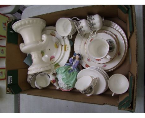 A collection of ceramic items to include: large Sylvac urn, mixed tea-ware items, Royal Doulton Top o'the Hill figure (nip to