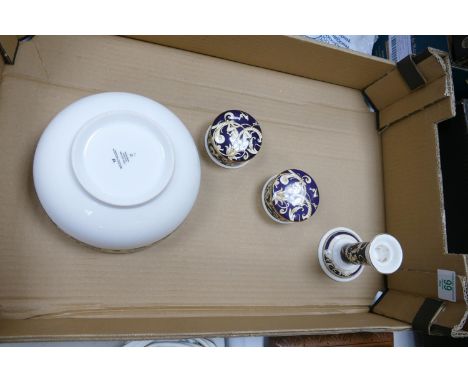 Wedgwood Cornucopia fruit bowl : ( seconds) together with two lidded boxes and a candlestick 
