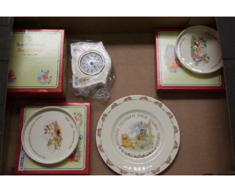 A collection of Royal Doulton Bunnykin table ware : to include Golden Jubilee plate, two 65th Anniversary shallow bowls and a