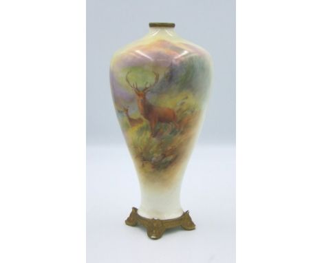 Royal Worcester vase decorated with stags: Restoration to top rim. height 20cm 