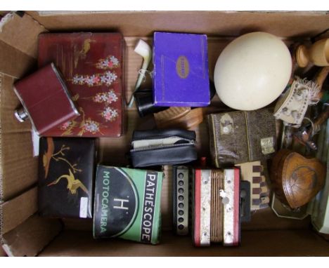 A mixed collection of items to include: Ostrich egg, Oriental lacquered boxes, miniature accordion, clay pipe etc 