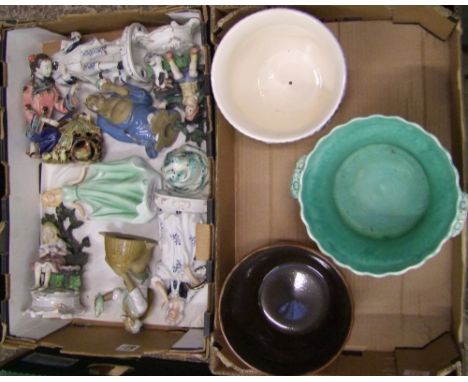 A collection of ceramic items to include; Continental figures, West German planter, Spode planter etc (2 trays) 