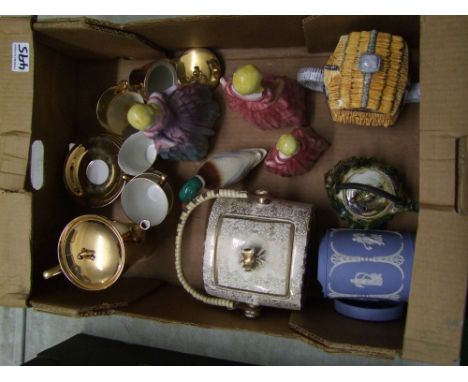 A mixed collection of ceramic items: including  continental gilt finish coffee ware, Sadler biscuit barrel, continental figur