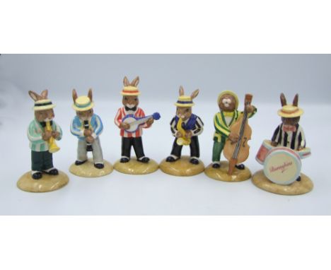 Royal Doulton Bunnykins Figures from the Jazz Band Collection:comprising Clarinet Player DB184, Double Bass Player DB185, Sax