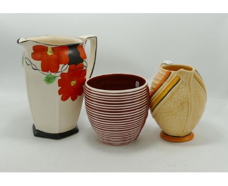 Art Deco Sylvac Ribbed Water Jug &amp; Vase: together with hand decorated Arthur Woods Item, tallest 18.5cm(3) 