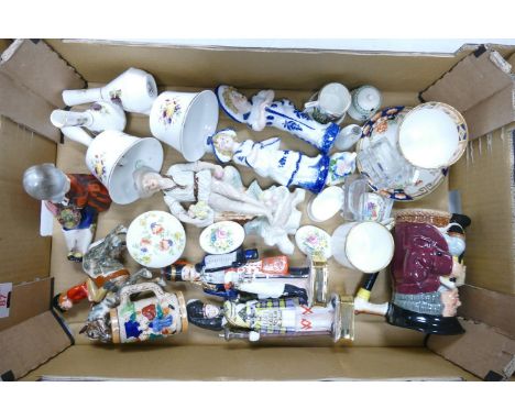 A mixed collection of items to include: Hammersley Ornamental Bells, Continental figures, Royal Stuart gilded cup &amp; sauce