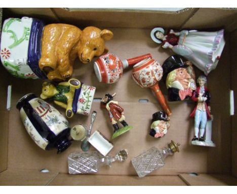 A mixed collection of ceramic items to include : Royal Doulton small and miniature mad hatter character jugs, airman bunnykin