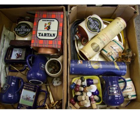 A collection of pub related items to include: brass beer taps, branded water jug, Youngers table lamp ceramic stoppers etc ( 