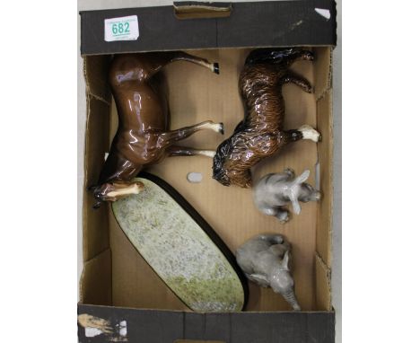 John Beswick Elephant &amp; Rhino: together with 2 Beswick Damaged Horses &amp; ceramic base(5) 