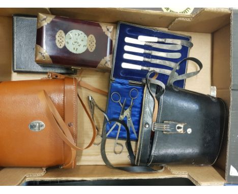 A mixed collection of items to include: 2 pairs of binoculars (1 Zenith branded), brass bound small jewellery box, cutlery et