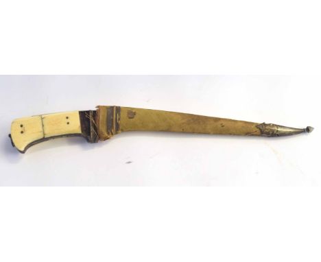 Possibly 18th/19th century Pesh-Kabz with thick possibly marine ivory grips (one a/f) with white metal end fittings with acor