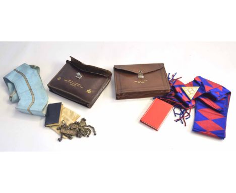 Pair of Masonic jewel wallets inscribed to Brother A J Howard, St Giles Lodge, No 4569, Norwich, including sashes, memorial b