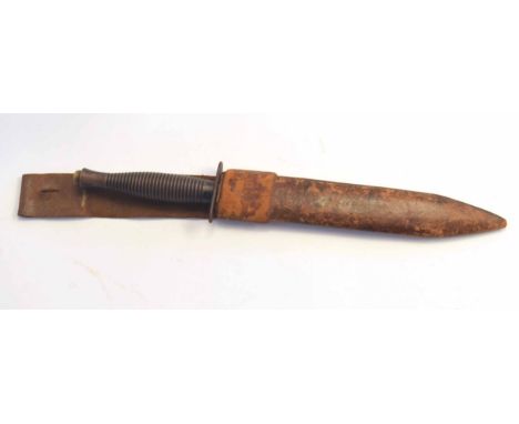 20th century possibly WWII Royal Marine Commando style dagger in leather scabbard, stamped Sheffield, England to hilt, no oth