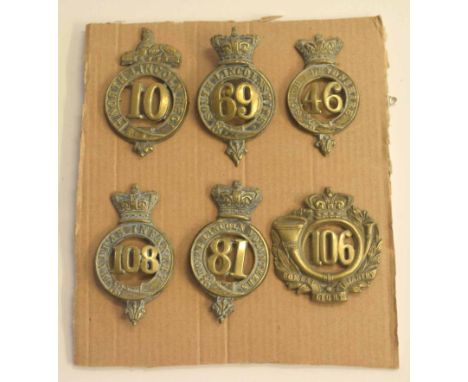 Quantity of six British Glengarry cap badges to include 10th North Lincolnshire Regt, 69th South Lincolnshire, 46th South Dev