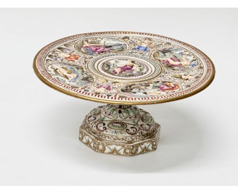 Sitzendorf. Late 19th Century. C.1884-1902. A German porcelain tazza, with The four houses, Ignis, Aqua, Terra and Aer. Water