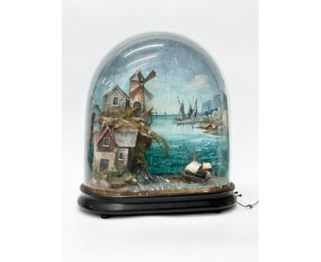 A Rocking Ship Automaton. Late 19th Century, Victorian. Featuring cottages, windmill and a ship on the ocean with glass dome.