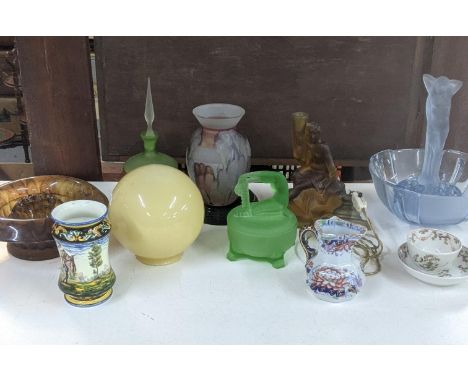 A mixed lot to include a Dermay Art Deco green satin glass powder jar and other Art Deco satin glassware, together with mixed
