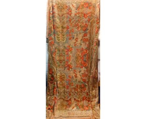 A mid 20th Century plush machine embroidered Belgium cotton bed cover/wall covering depicting cherubs amongst floral sprays a