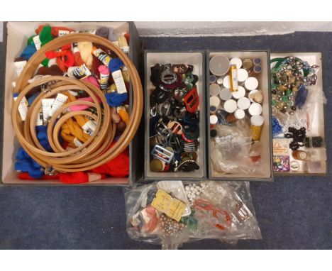 A quantity of Milady embroidery wool and tapestry rings together with a quantity of craft beads and costume jewellery A/F and