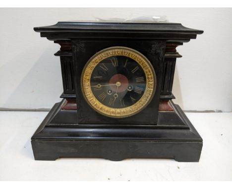 A Victorian slate and marble mantle clock with Roman numeral dial and key, Location: If there is no condition report shown, p