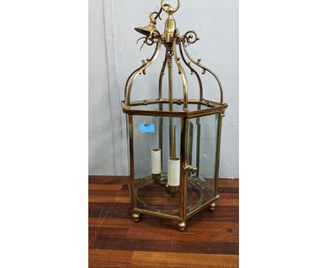 A late 20th century brass hexagonal hall light with glass panels, 62cm h, Location:If there is no condition report shown, ple