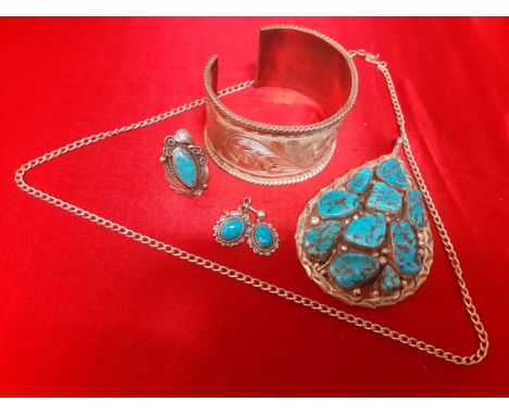 A Sterling silver engraved cuff bangle together with a small quantity of white metal and turquoise Native American Navajo cos