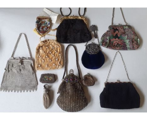 A group of vintage evening and occasional bags and coin purses to include an early 20th Century Mappin &amp; Webb silver and 