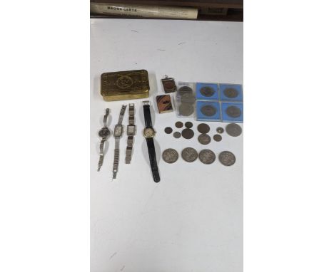 A mixed lot to include four silver crowns, together with mixed coins, watches and othersLocation: cabIf there is no condition