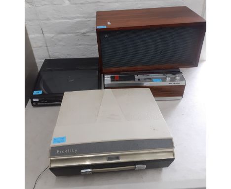 Vintage stereo equipment comprising a Fidelity reel-to-reel, a Marconiphone reel-to-reel, a B&amp;O horizontal speaker (tear 