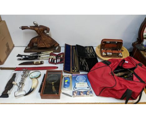 A mixed lot to include vintage tools, various magnifying lenses, a leather cased shoe polishing kit, a 20th century silver pl