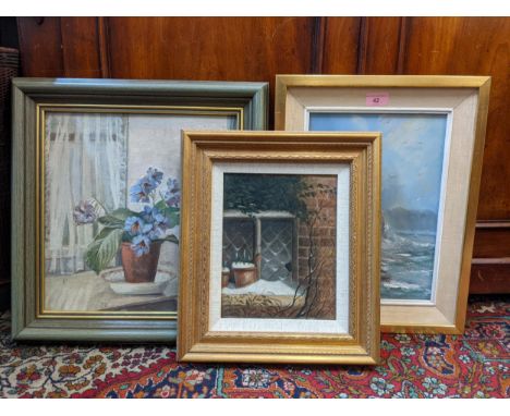 Oil paintings to include Jack Alexander - a coastal scene, W Dunman a Winter scene with a robin by a window, F R - a still li