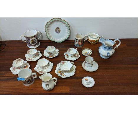 Commemorative ceramics to include a set of fine Foley china cups and saucers and another similar Victorian jug, a Spode 1952-