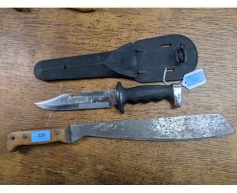 A British Army issue Martindale Golok Machete 32.5cm, and a stainless steel diver's knife in plastic sheath Location:If there