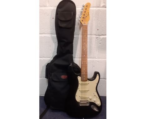A Gould electric 6-string guitar (one missing) in black with white fret and Stagg cloth travel bag. Location:RWF 