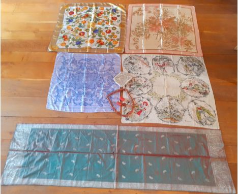 Five late 20th Century scarves, mainly silk examples with hand-rolled edges to include Jaeger and Jacqmar together with a str