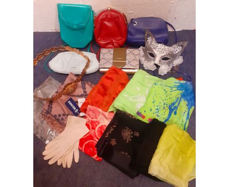 Vintage bags, wraps and scarves to include a Radley shoulder with snakeskin design, an Osprey blue leather shoulder bag, an I
