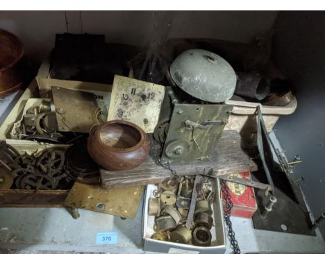 A mixed lot of mantle and longcase clock movements and parts, weights and other items, Location:If there is no condition repo