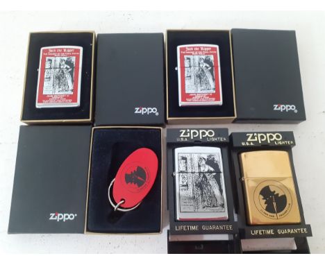 Four Jack the Ripper related Zippo lighters and a key ring, all in original boxes. Location:R2.4 
