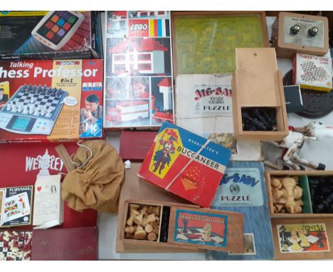 Vintage games to include a Lego System 044, wooden chess pieces, wooden Great Western Railway Company jigsaws, a Muffin the M