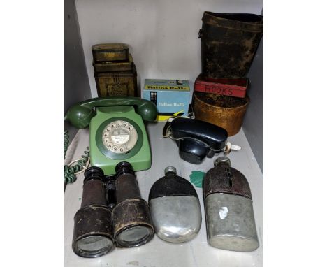 Two hip flasks together with a pair of binoculars, vintage tins, telephone and two camerasLocation:If there is no condition r